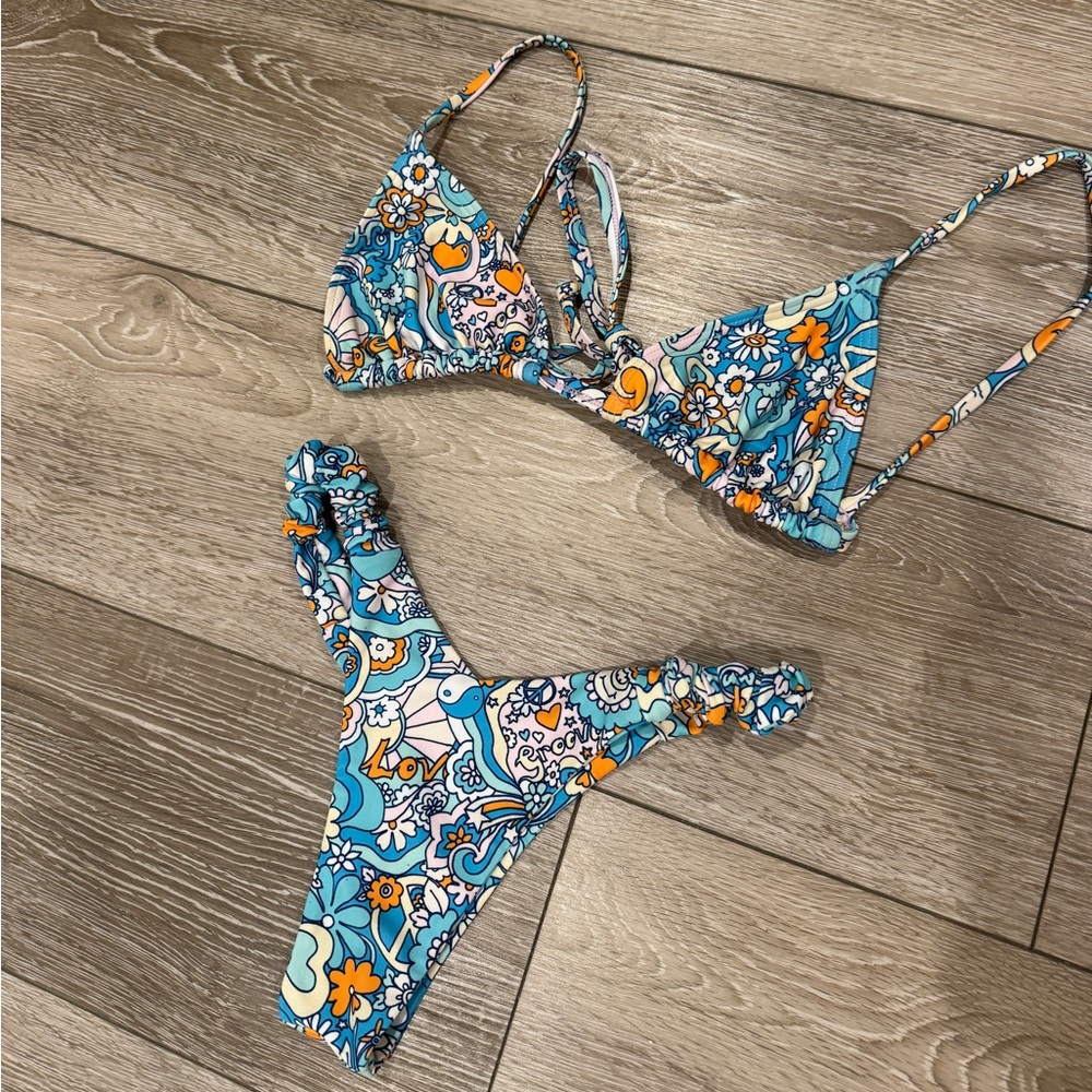 Kulani Kinis Blue Orange Floral Print Triangle Bikini